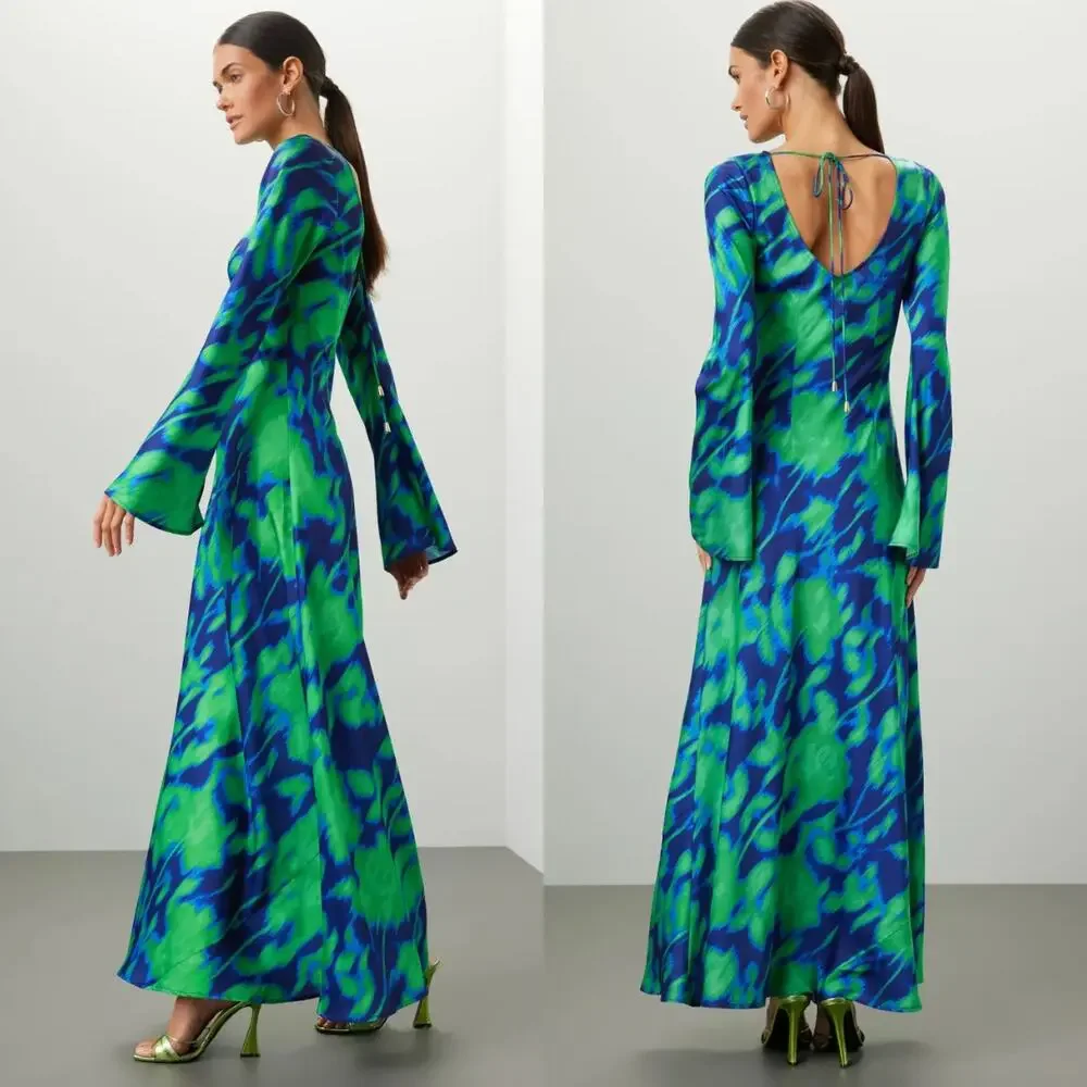 The Wolf Gang Dress Calypso Green Blue Abstract Long Sleeve Maxi Dress Size M - Picture 8 of 12
